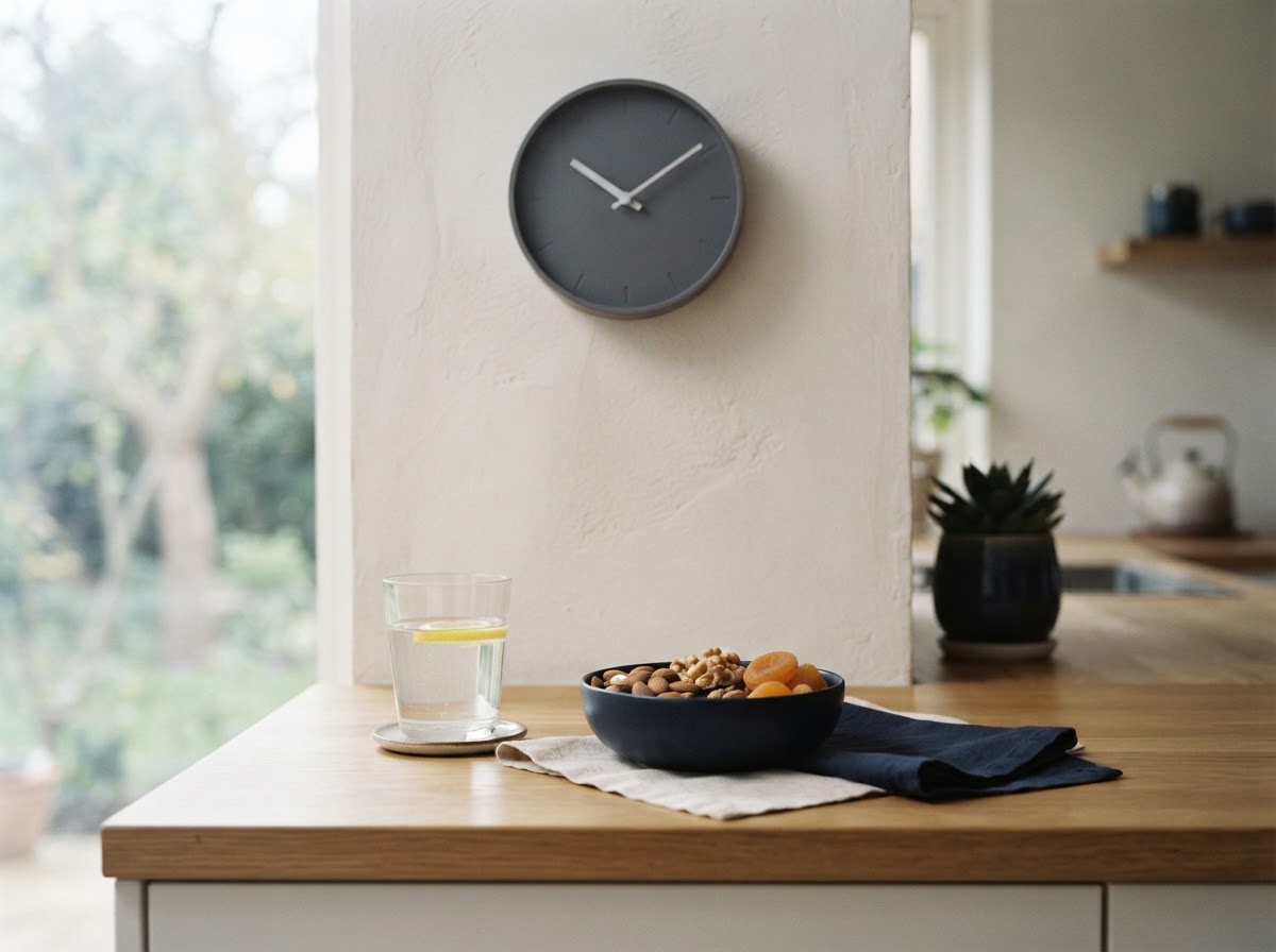 Flexibele dagelijkse setting met water en gezonde voeding op verschillende momenten